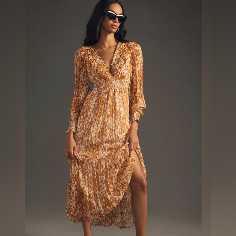 Anthropologie The Odetta V Neck Ruffle Dress in Honey - Size Medium - NWT